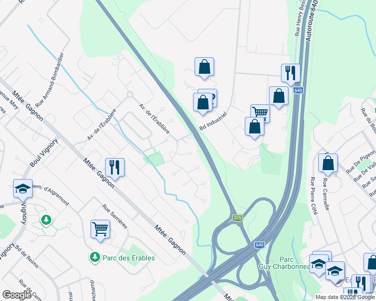 map of restaurants, bars, coffee shops, grocery stores, and more near 65 Place de l'Estuaire in Bois-des-Filion