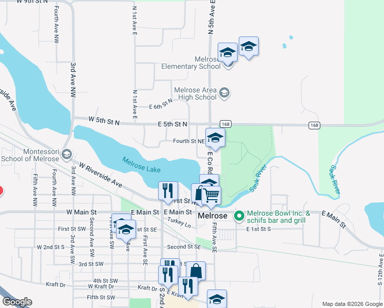 map of restaurants, bars, coffee shops, grocery stores, and more near 305 Fourth Avenue Northeast in Melrose