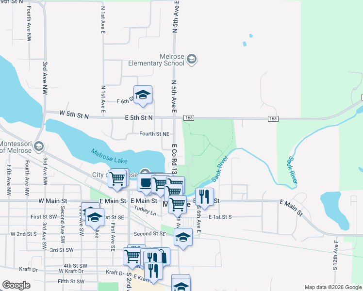 map of restaurants, bars, coffee shops, grocery stores, and more near 306 5th Avenue Northeast in Melrose