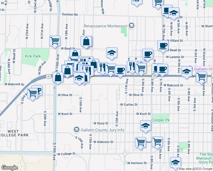 map of restaurants, bars, coffee shops, grocery stores, and more near 1328 West Babcock Street in Bozeman
