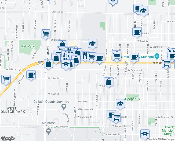 map of restaurants, bars, coffee shops, grocery stores, and more near 1328 West Babcock Street in Bozeman