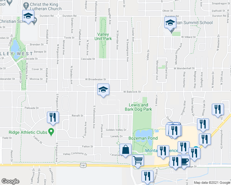 map of restaurants, bars, coffee shops, grocery stores, and more near 3505 West Babcock Street in Bozeman