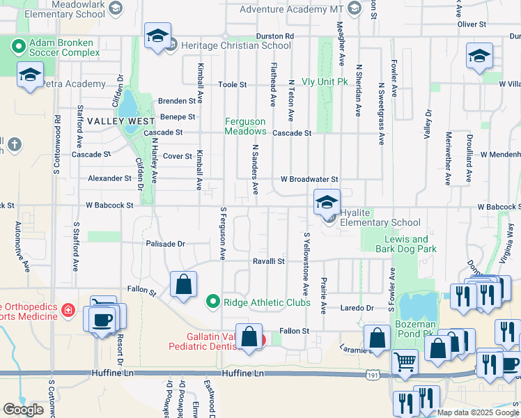 map of restaurants, bars, coffee shops, grocery stores, and more near 103 North Pondera Avenue in Bozeman