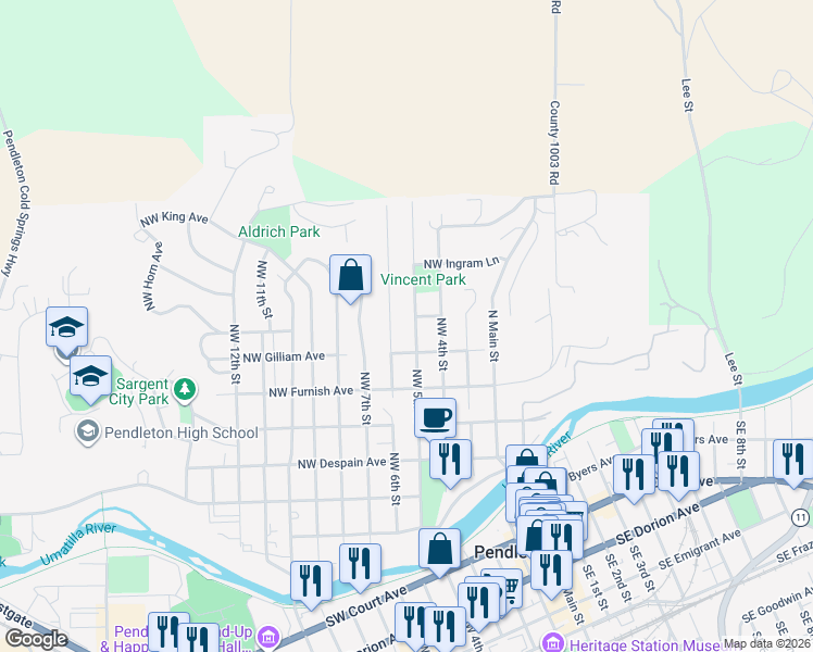 map of restaurants, bars, coffee shops, grocery stores, and more near 616 Northwest 5th Street in Pendleton