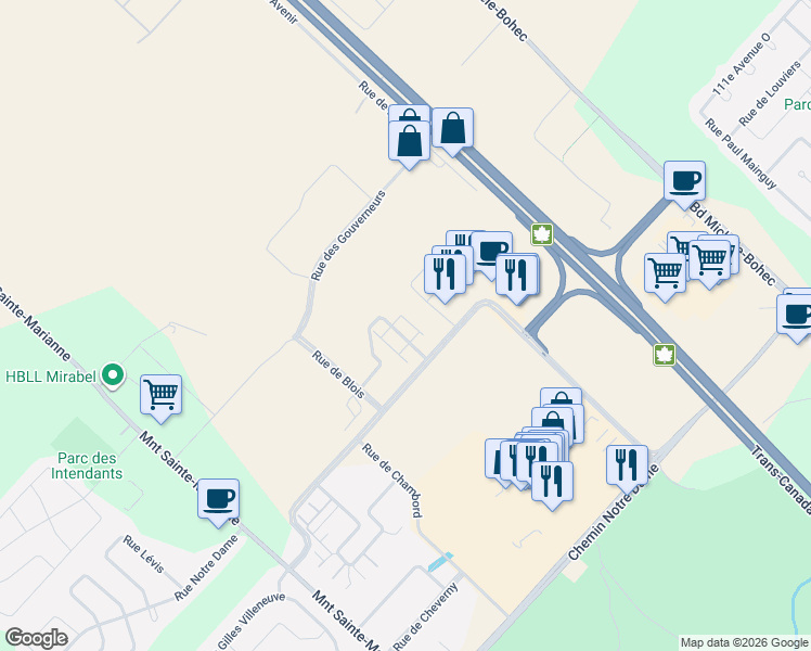 map of restaurants, bars, coffee shops, grocery stores, and more near 11825 Rue d'Amboise in Mirabel