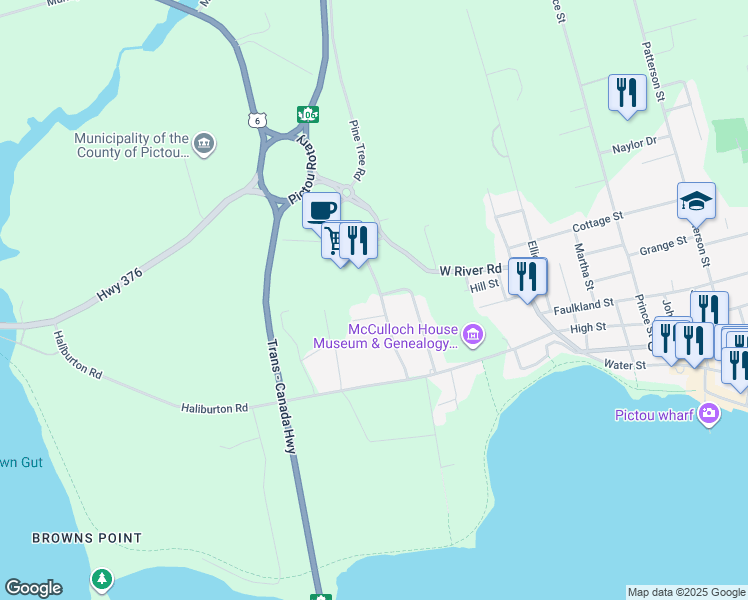 map of restaurants, bars, coffee shops, grocery stores, and more near 91 Veterans Drive in Pictou