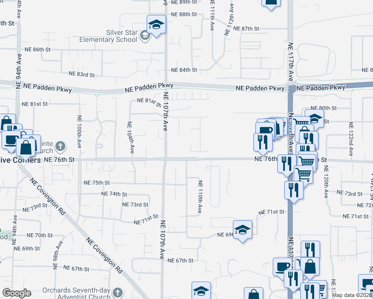 map of restaurants, bars, coffee shops, grocery stores, and more near 10816 Northeast 77th Circle in Vancouver