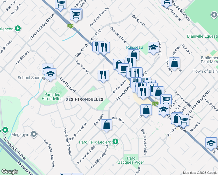 map of restaurants, bars, coffee shops, grocery stores, and more near 25 Rue Arthur-Buies in Blainville