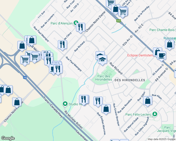 map of restaurants, bars, coffee shops, grocery stores, and more near 4 Éperviers Street in Blainville