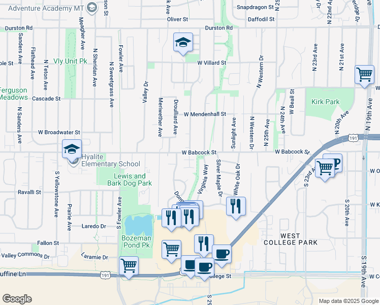 map of restaurants, bars, coffee shops, grocery stores, and more near 112 Donna Avenue in Bozeman