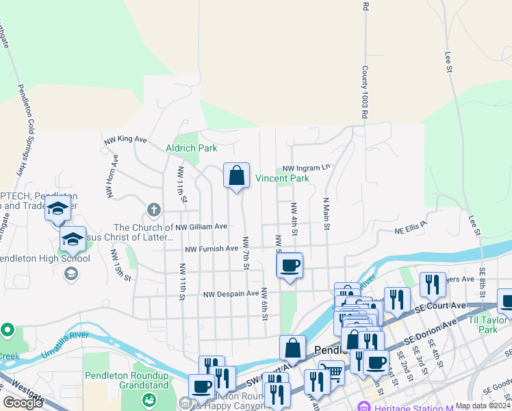 map of restaurants, bars, coffee shops, grocery stores, and more near 609 Northwest 6th Street in Pendleton
