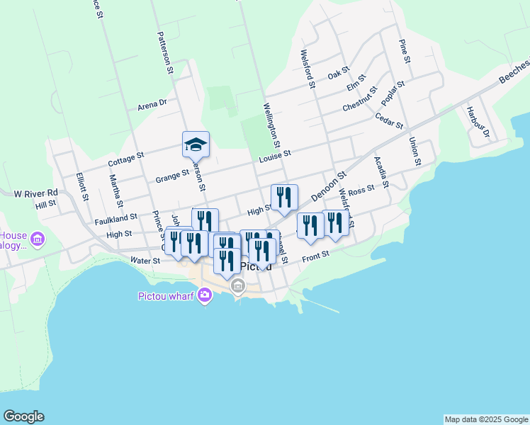 map of restaurants, bars, coffee shops, grocery stores, and more near 9 Palmerston Street in Pictou