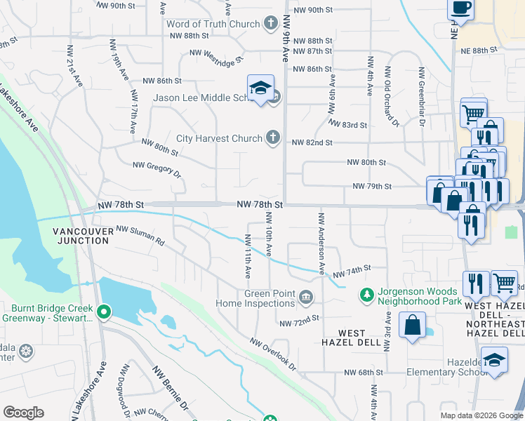 map of restaurants, bars, coffee shops, grocery stores, and more near 1007 Northwest 78th Street in Vancouver
