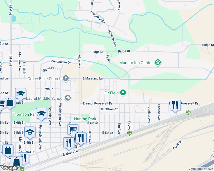 map of restaurants, bars, coffee shops, grocery stores, and more near 1011 E 9th St in Laurel