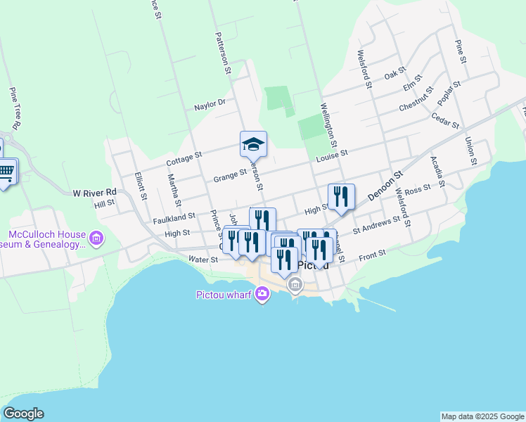 map of restaurants, bars, coffee shops, grocery stores, and more near 19 Patterson Street in Pictou