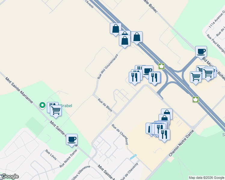map of restaurants, bars, coffee shops, grocery stores, and more near 11925 Rue d'Amboise in Mirabel