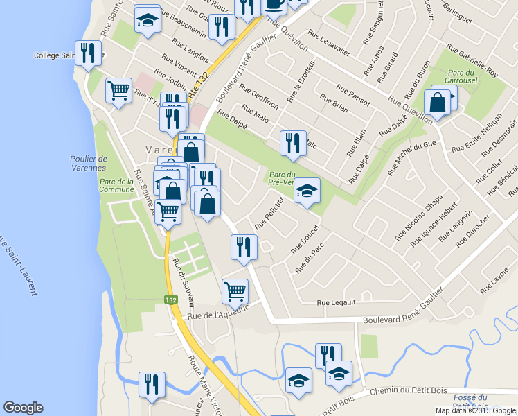 map of restaurants, bars, coffee shops, grocery stores, and more near 2101 Rue Bissonnette in Varennes