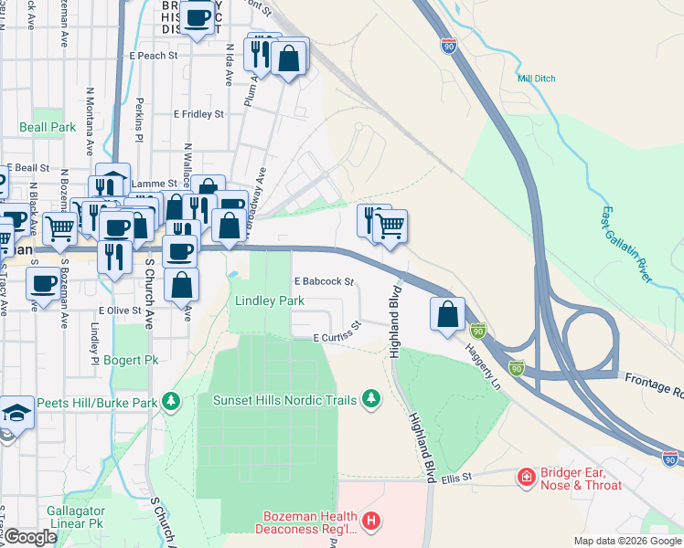 map of restaurants, bars, coffee shops, grocery stores, and more near 1128 W Babcock St in Bozeman