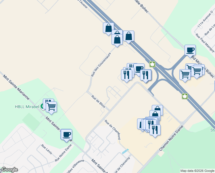 map of restaurants, bars, coffee shops, grocery stores, and more near 12005 Rue d'Amboise in Mirabel