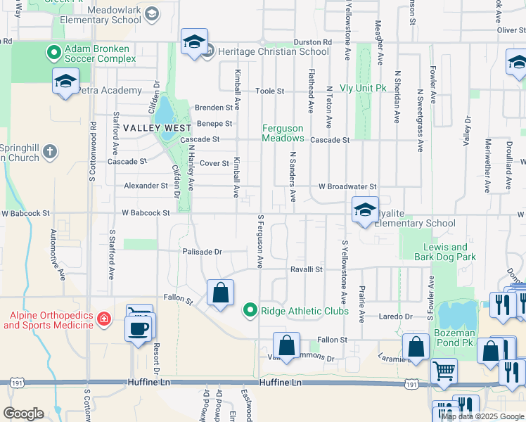 map of restaurants, bars, coffee shops, grocery stores, and more near 4050 West Babcock Street in Bozeman