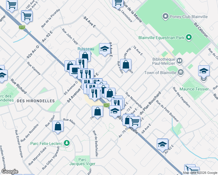 map of restaurants, bars, coffee shops, grocery stores, and more near 15 Avenue 79 Est in Blainville