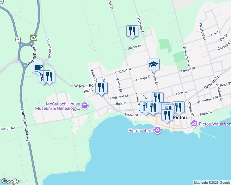 map of restaurants, bars, coffee shops, grocery stores, and more near 337 Faulkland Street in Pictou