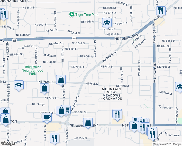 map of restaurants, bars, coffee shops, grocery stores, and more near 7701 Northeast Ward Road in Vancouver