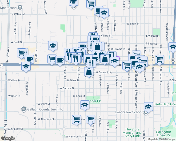 map of restaurants, bars, coffee shops, grocery stores, and more near 22 South 8th Avenue in Bozeman