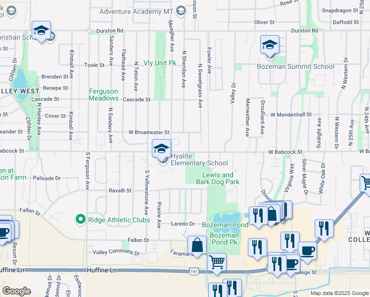 map of restaurants, bars, coffee shops, grocery stores, and more near 77 North Sheridan Place in Bozeman