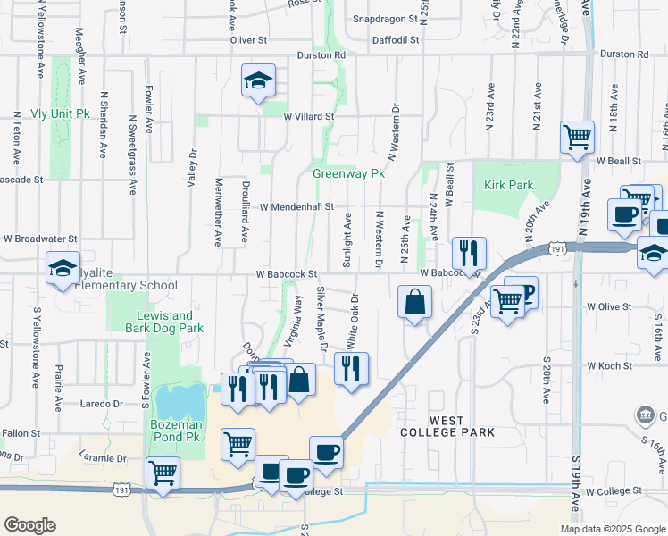 map of restaurants, bars, coffee shops, grocery stores, and more near 2 Meghans Way in Bozeman