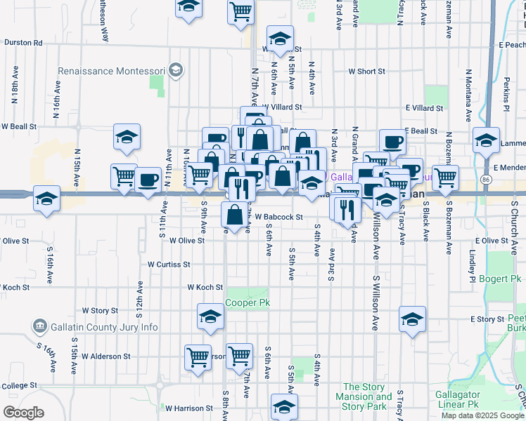 map of restaurants, bars, coffee shops, grocery stores, and more near 522 West Babcock Street in Bozeman