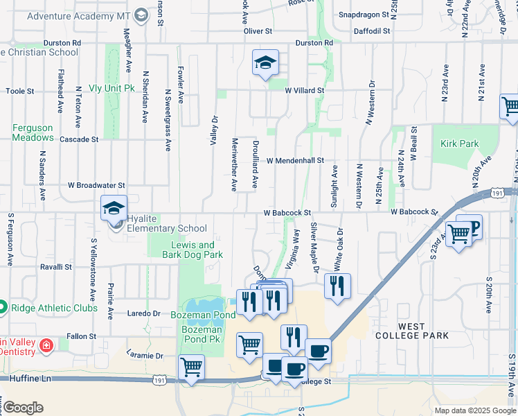 map of restaurants, bars, coffee shops, grocery stores, and more near 112 Donna Avenue in Bozeman
