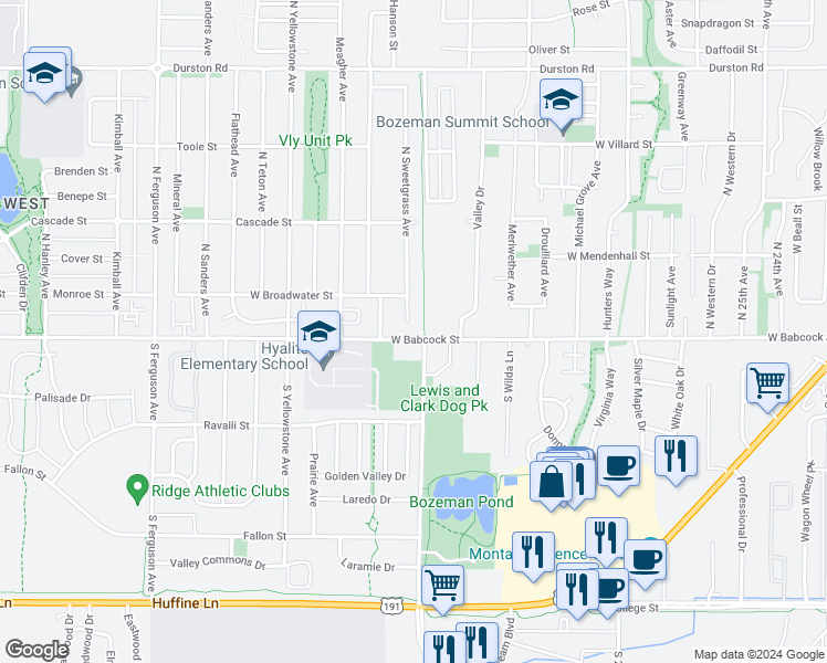 map of restaurants, bars, coffee shops, grocery stores, and more near 10 North Sweetgrass Avenue in Bozeman