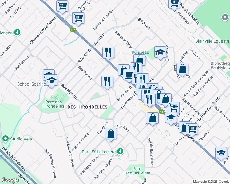 map of restaurants, bars, coffee shops, grocery stores, and more near 33 Rue Arthur Buies in Blainville