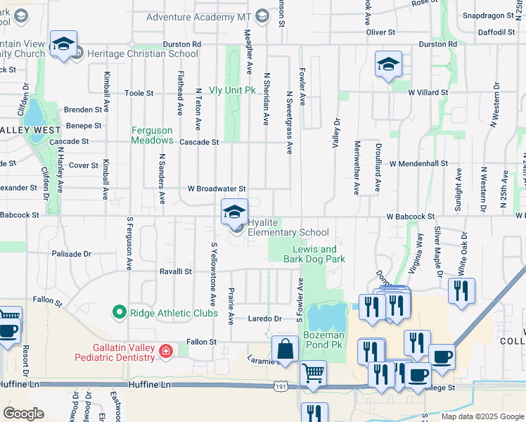 map of restaurants, bars, coffee shops, grocery stores, and more near 3505 West Babcock Street in Bozeman
