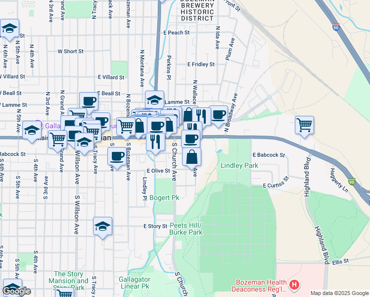 map of restaurants, bars, coffee shops, grocery stores, and more near 523 East Babcock Street in Bozeman