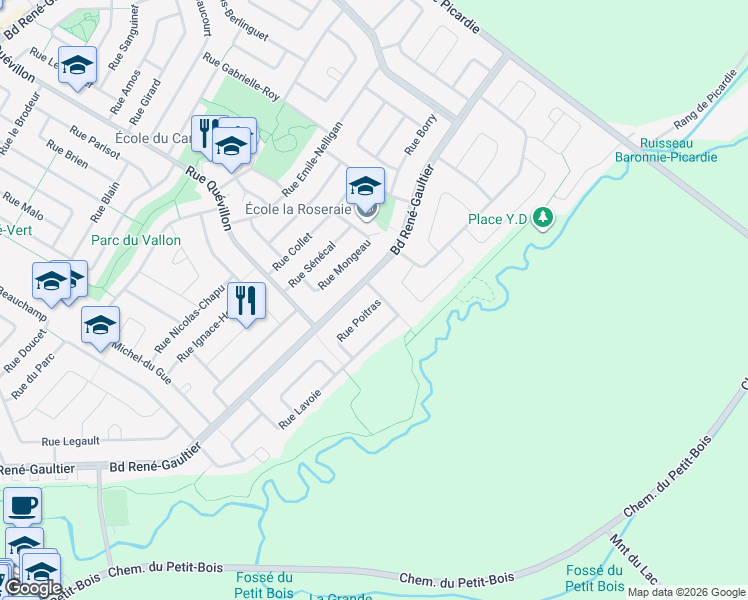 map of restaurants, bars, coffee shops, grocery stores, and more near 126 Rue Poitras in Varennes