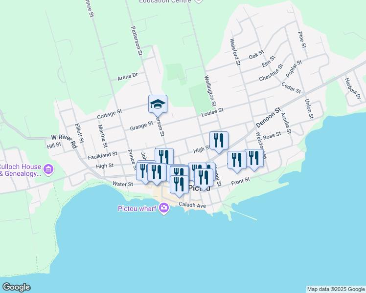 map of restaurants, bars, coffee shops, grocery stores, and more near 86 High Street in Pictou