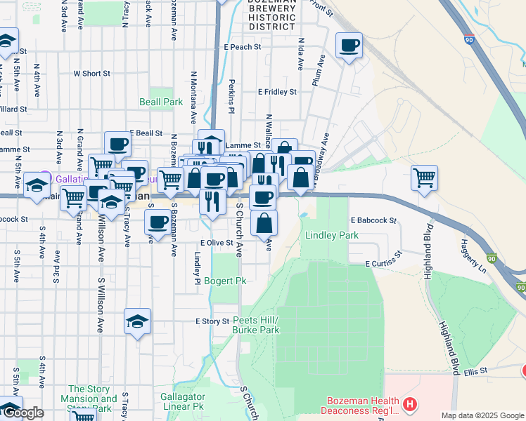 map of restaurants, bars, coffee shops, grocery stores, and more near 101 South Wallace Avenue in Bozeman