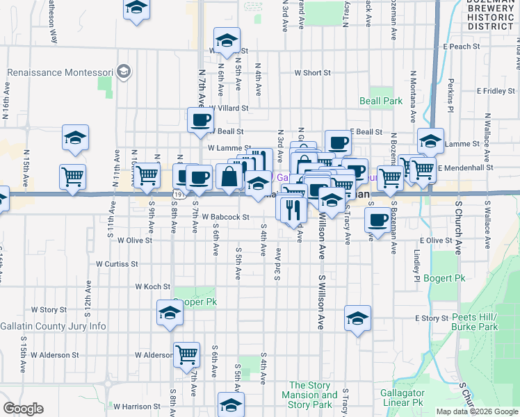 map of restaurants, bars, coffee shops, grocery stores, and more near in Bozeman