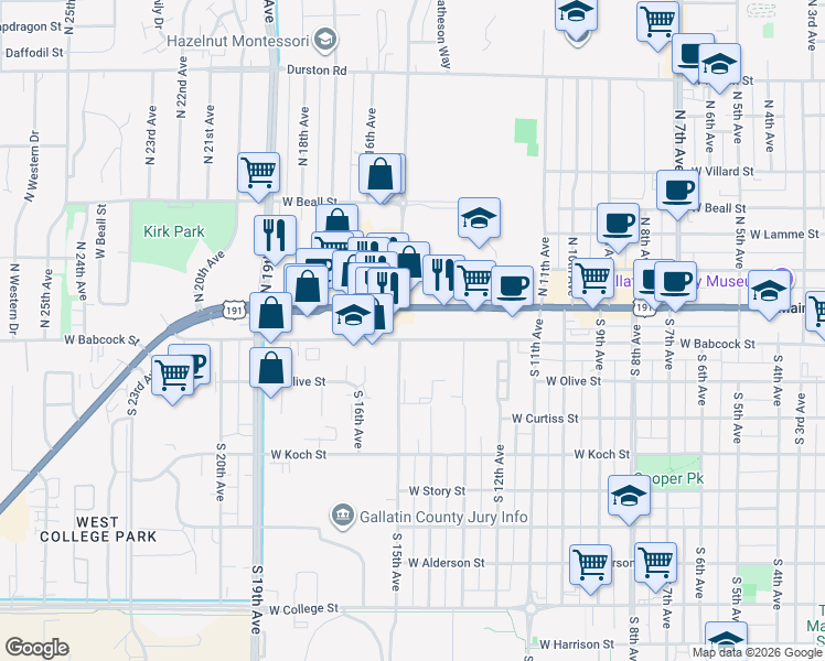 map of restaurants, bars, coffee shops, grocery stores, and more near 132 South 15th Avenue in Bozeman