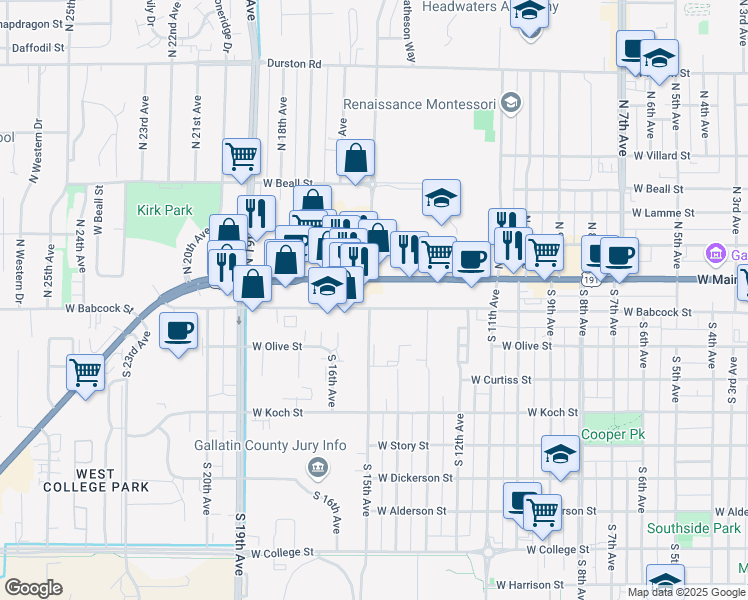 map of restaurants, bars, coffee shops, grocery stores, and more near 132 South 15th Avenue in Bozeman