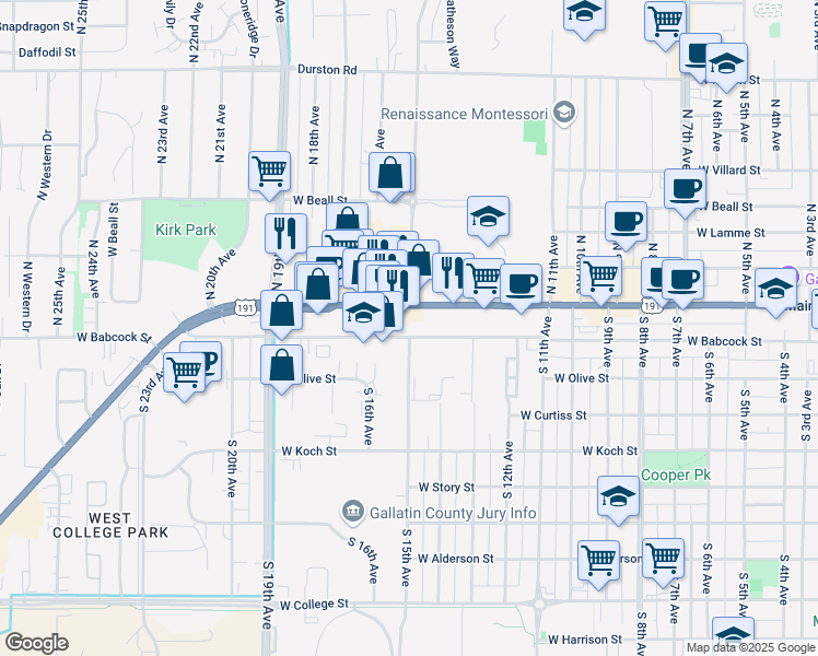 map of restaurants, bars, coffee shops, grocery stores, and more near 132 South 15th Avenue in Bozeman
