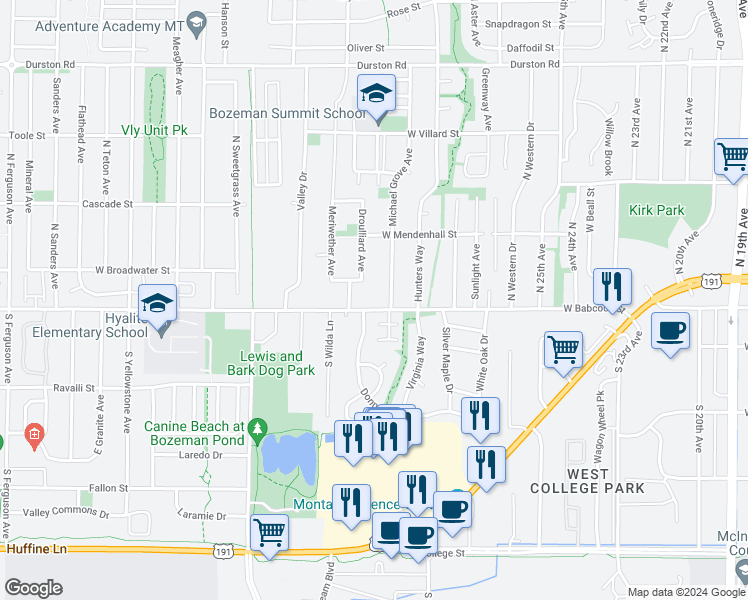 map of restaurants, bars, coffee shops, grocery stores, and more near 112 Donna Avenue in Bozeman