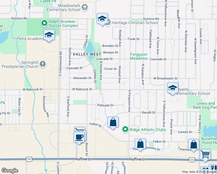map of restaurants, bars, coffee shops, grocery stores, and more near 4425 W Babcock St in Bozeman