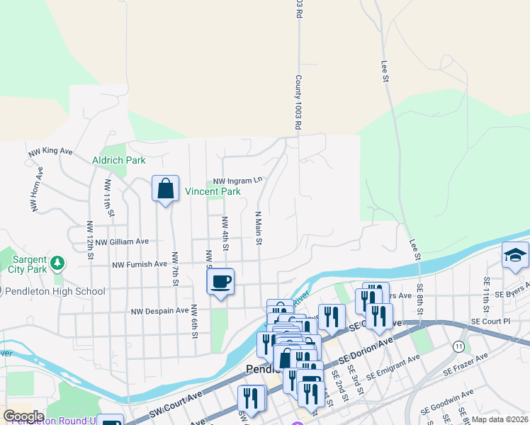 map of restaurants, bars, coffee shops, grocery stores, and more near 611 North Main Street in Pendleton