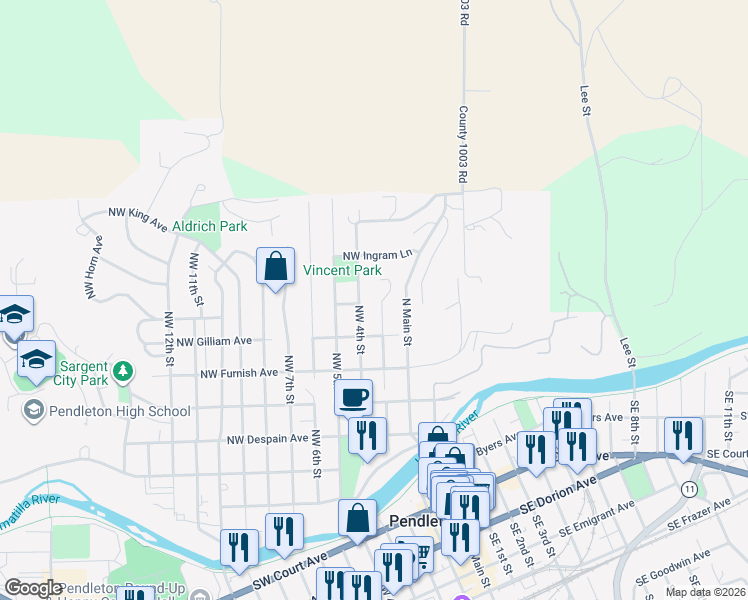 map of restaurants, bars, coffee shops, grocery stores, and more near 311 Northwest Gilliam Avenue in Pendleton