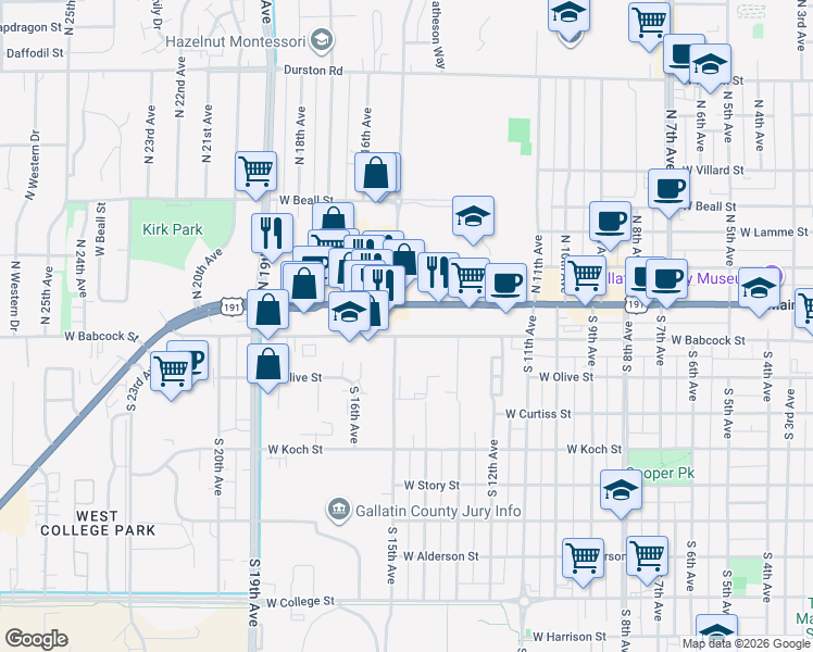 map of restaurants, bars, coffee shops, grocery stores, and more near 132 South 15th Avenue in Bozeman