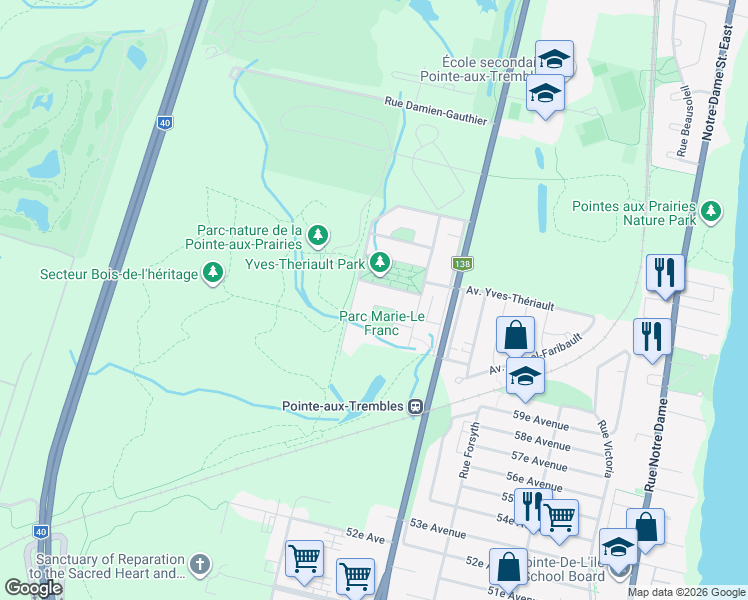 map of restaurants, bars, coffee shops, grocery stores, and more near 3485 Rue Marie le Franc in Montréal