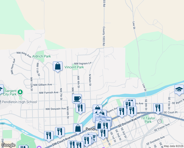 map of restaurants, bars, coffee shops, grocery stores, and more near 628 North Main Street in Pendleton